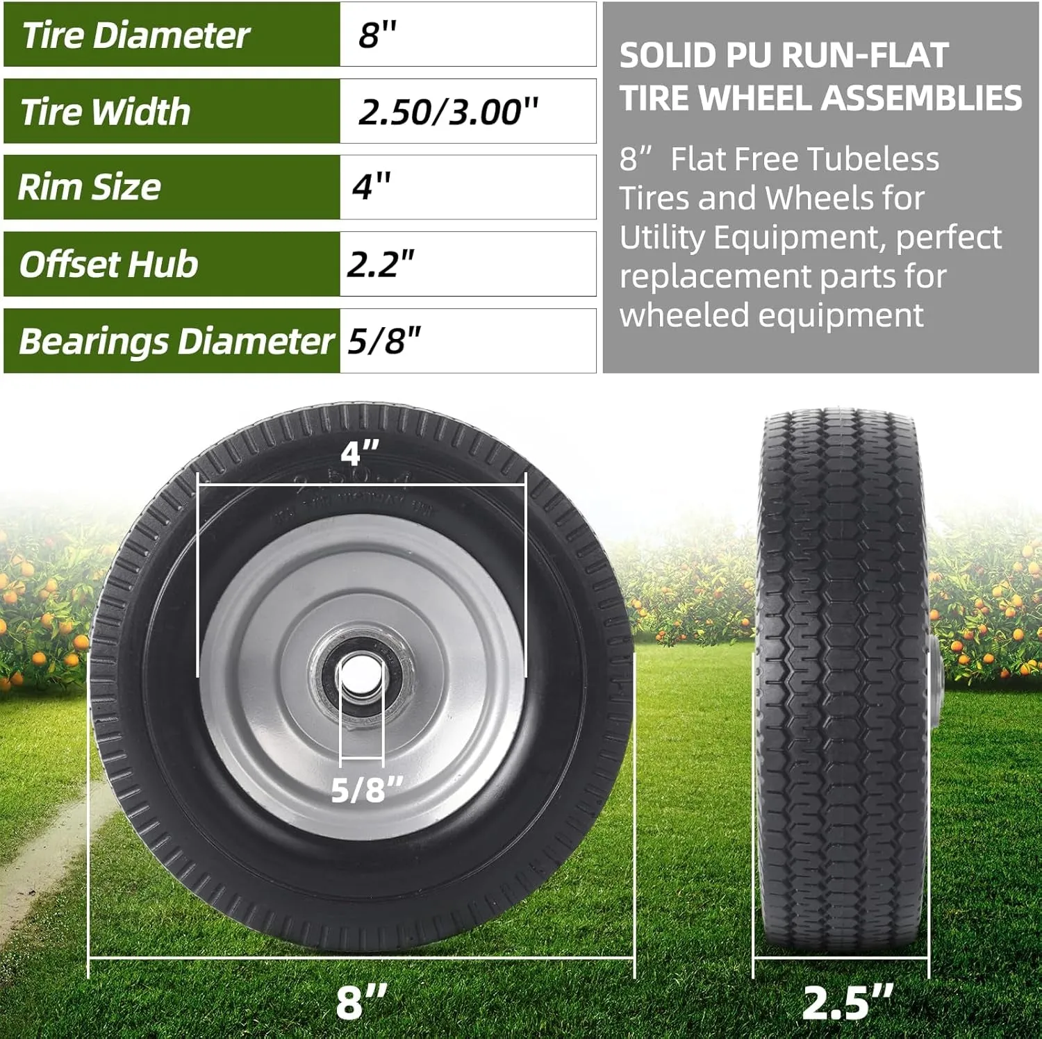AR-PRO (2-Pack) 8-Inch Solid Wheel Replacement - 2.50-4" Flat Free Tire and Wheel with 5/8 Extra 3/4 Bearings and 2.2" Offset Hub - Compatible with Hand Truck, Generator, Gorilla Carts