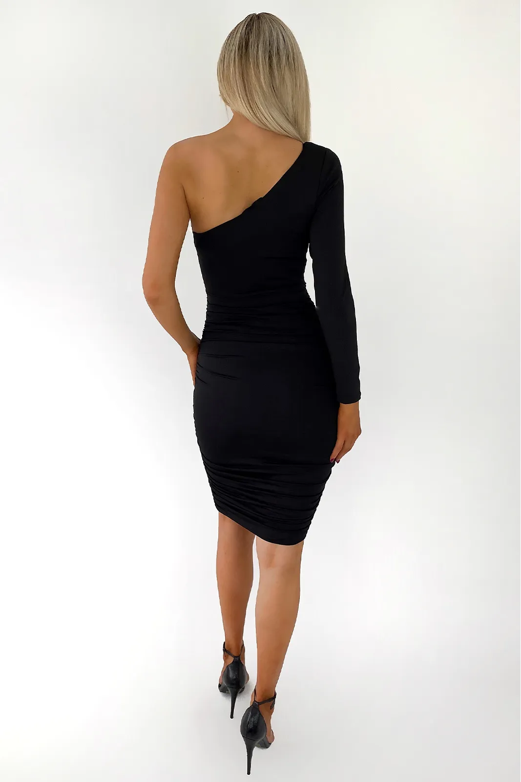 Aria Black One Sleeve Ruched Bodycon Midi Dress