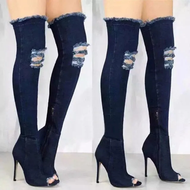 Ashoreshop Womens Ultra Sexy High Denim Boots Side Zipper