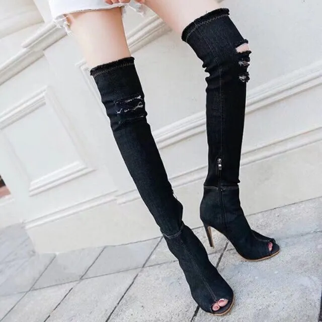 Ashoreshop Womens Ultra Sexy High Denim Boots Side Zipper