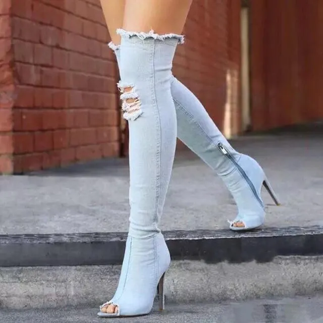 Ashoreshop Womens Ultra Sexy High Denim Boots Side Zipper