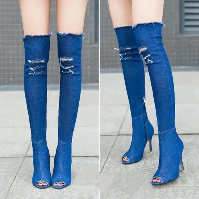 Ashoreshop Womens Ultra Sexy High Denim Boots Side Zipper