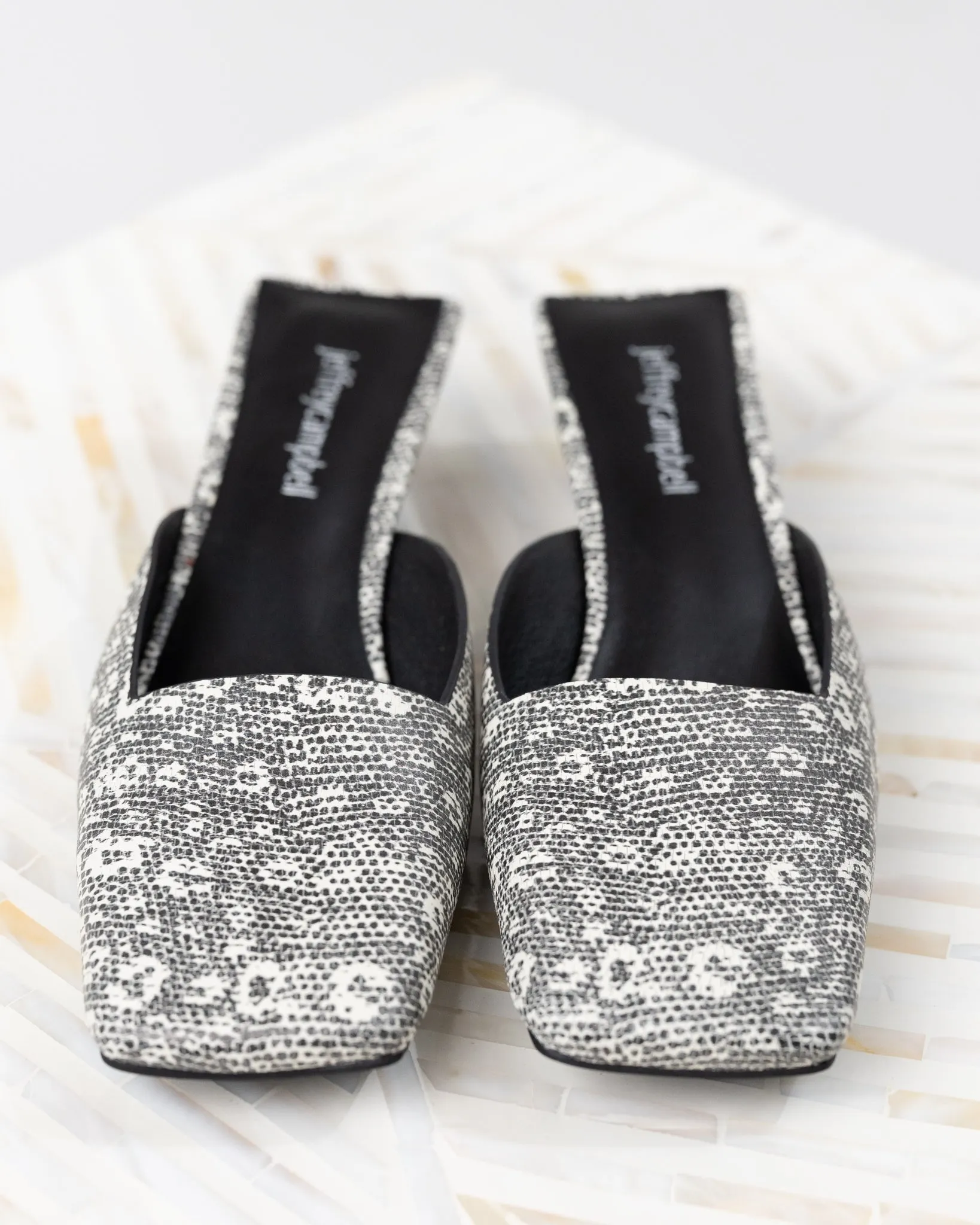 Black White Lizard Heeled Mule