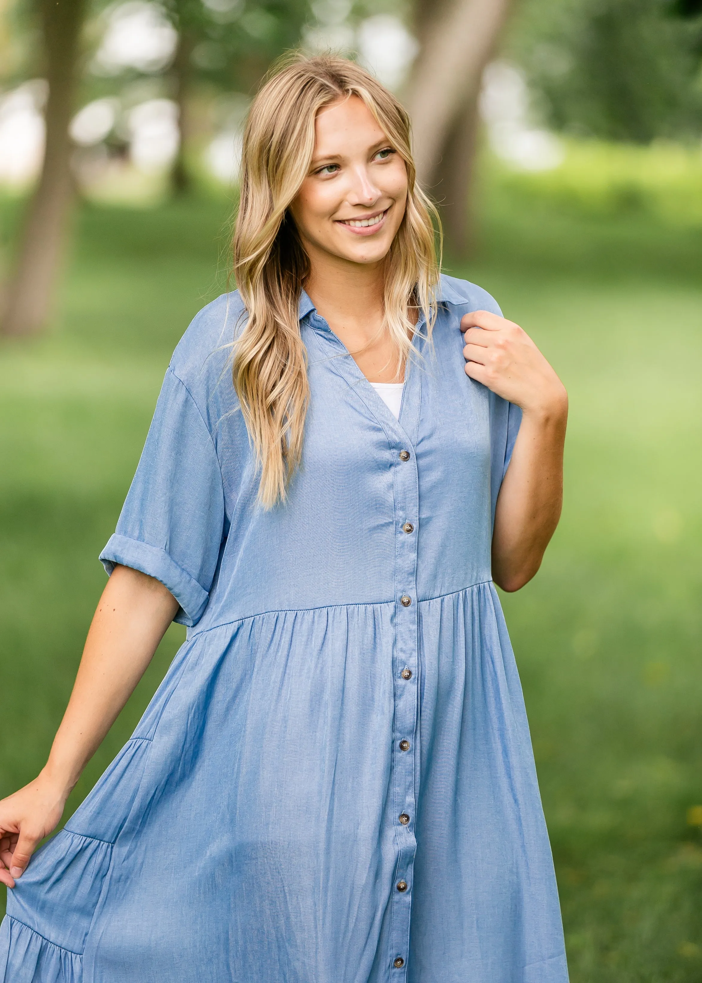 Brenna Chambray Tiered Shirt Midi Dress - FINAL SALE