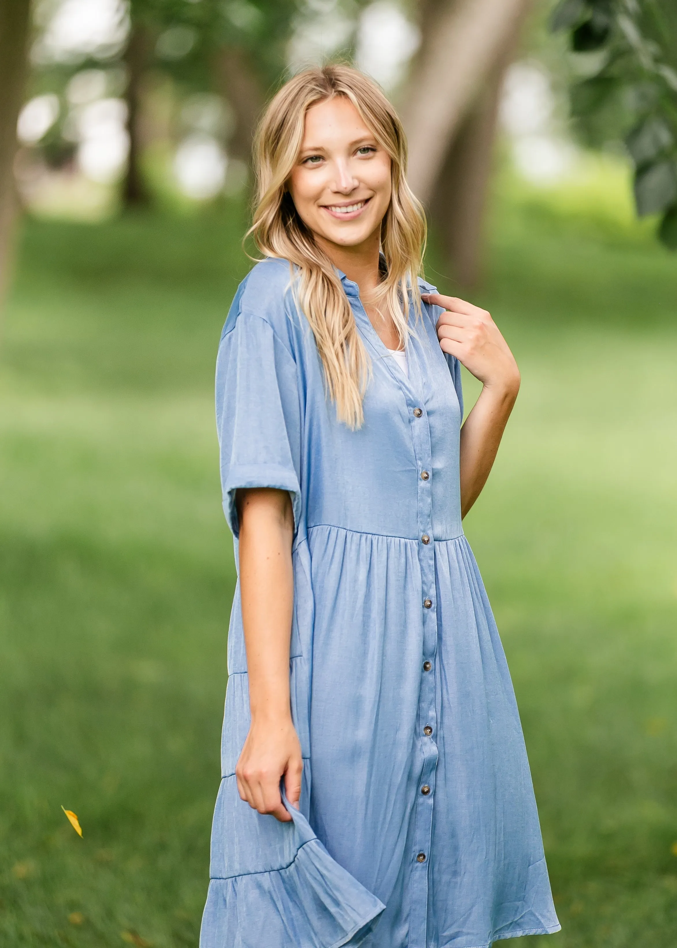 Brenna Chambray Tiered Shirt Midi Dress - FINAL SALE