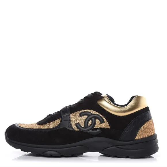 CHANEL CC  METALLIC SUEDE CALFSKIN MIXED FABRIC SNEAKERS