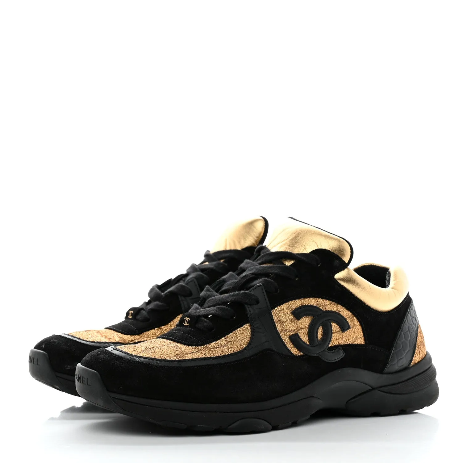 CHANEL CC  METALLIC SUEDE CALFSKIN MIXED FABRIC SNEAKERS
