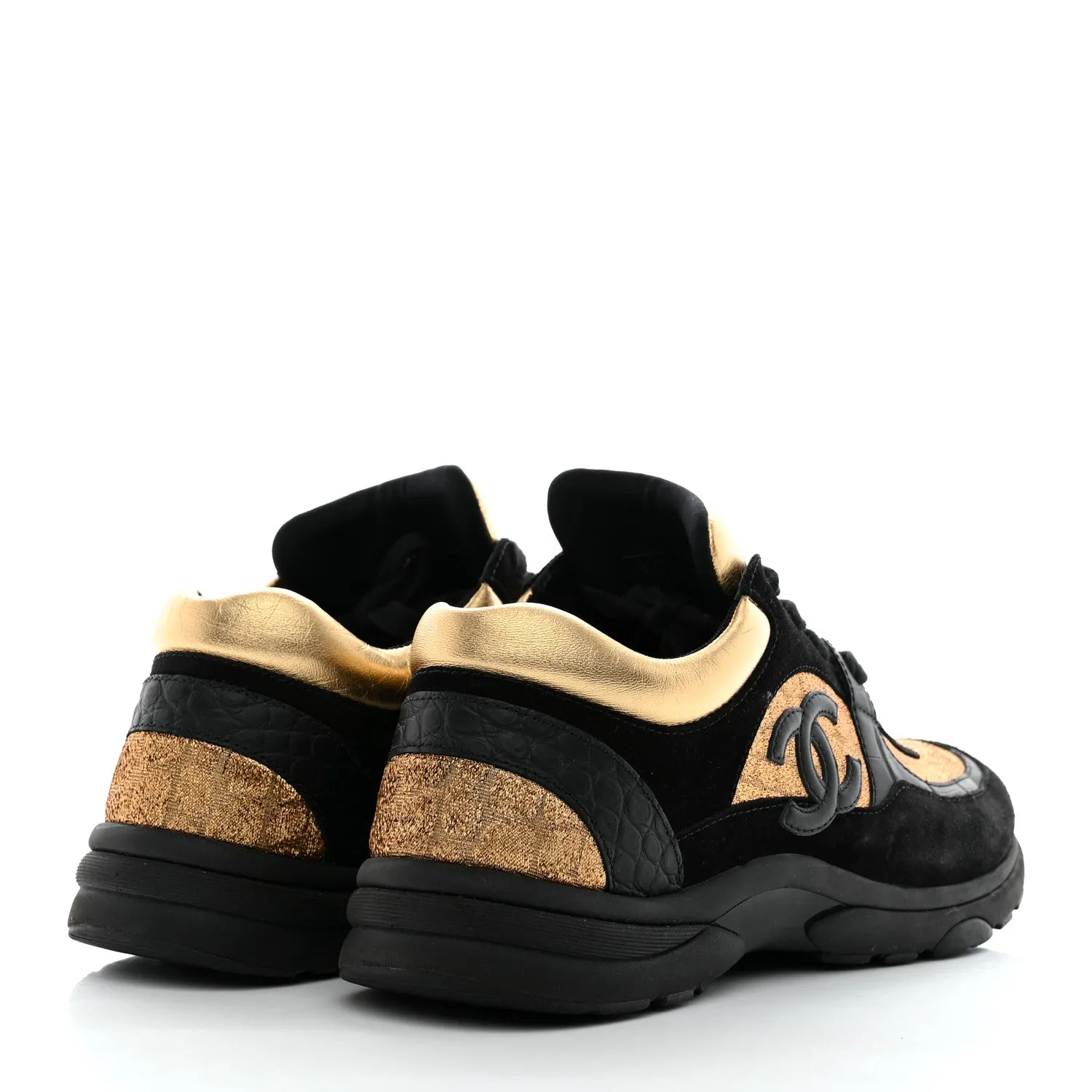 CHANEL CC  METALLIC SUEDE CALFSKIN MIXED FABRIC SNEAKERS
