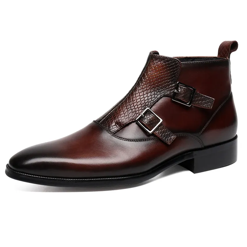 Double Monk Strap Men High Top Boots with Lizard Pattern Closure