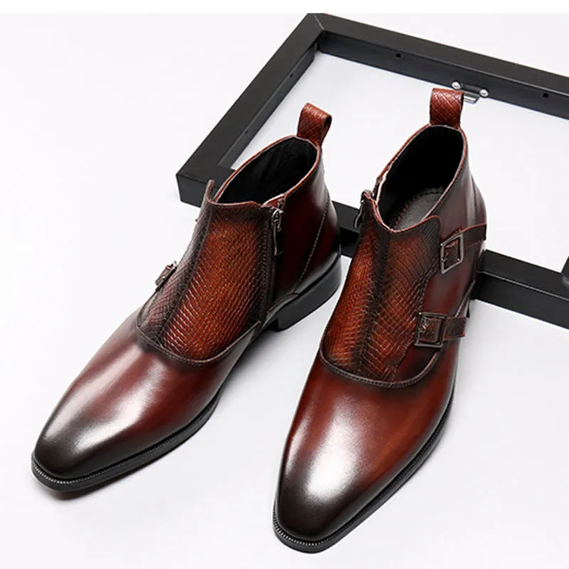Double Monk Strap Men High Top Boots with Lizard Pattern Closure