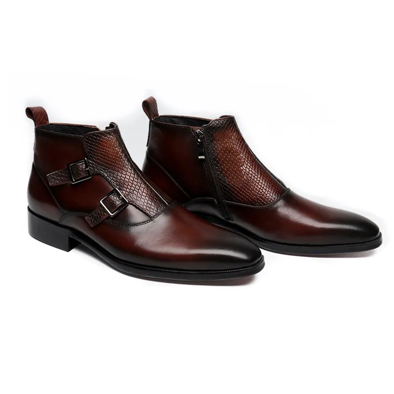 Double Monk Strap Men High Top Boots with Lizard Pattern Closure