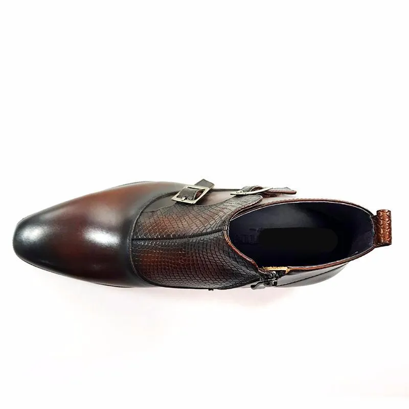 Double Monk Strap Men High Top Boots with Lizard Pattern Closure