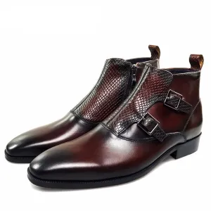 Double Monk Strap Men High Top Boots with Lizard Pattern Closure
