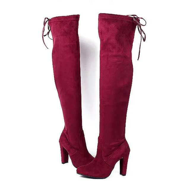 Faux Suede Women Over The Knee Boots Lace Up Sexy High Heels Shoes Woman Female Slim Thigh High Boots Botas Winter Shoes 34-43