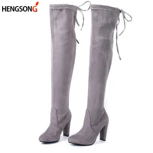 Faux Suede Women Over The Knee Boots Lace Up Sexy High Heels Shoes Woman Female Slim Thigh High Boots Botas Winter Shoes 34-43