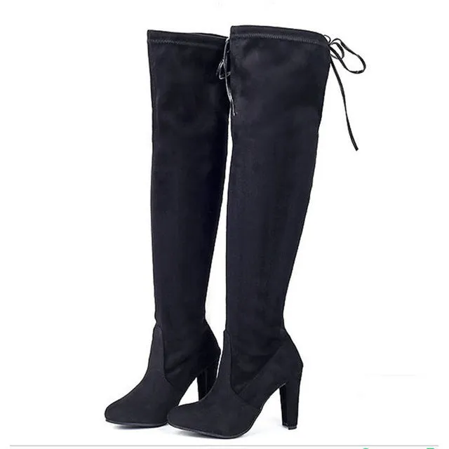 Faux Suede Women Over The Knee Boots Lace Up Sexy High Heels Shoes Woman Female Slim Thigh High Boots Botas Winter Shoes 34-43