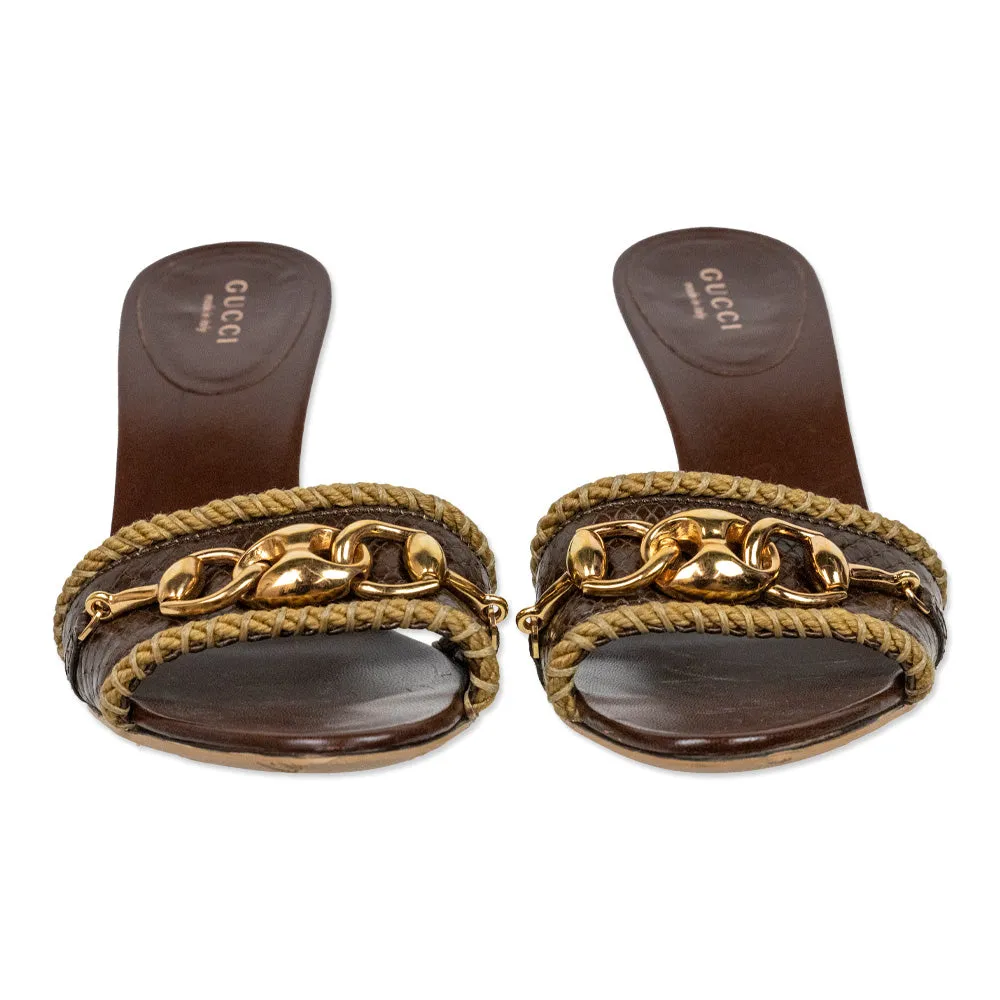 Gucci Brown Snakeskin Jute Horsebit Mules