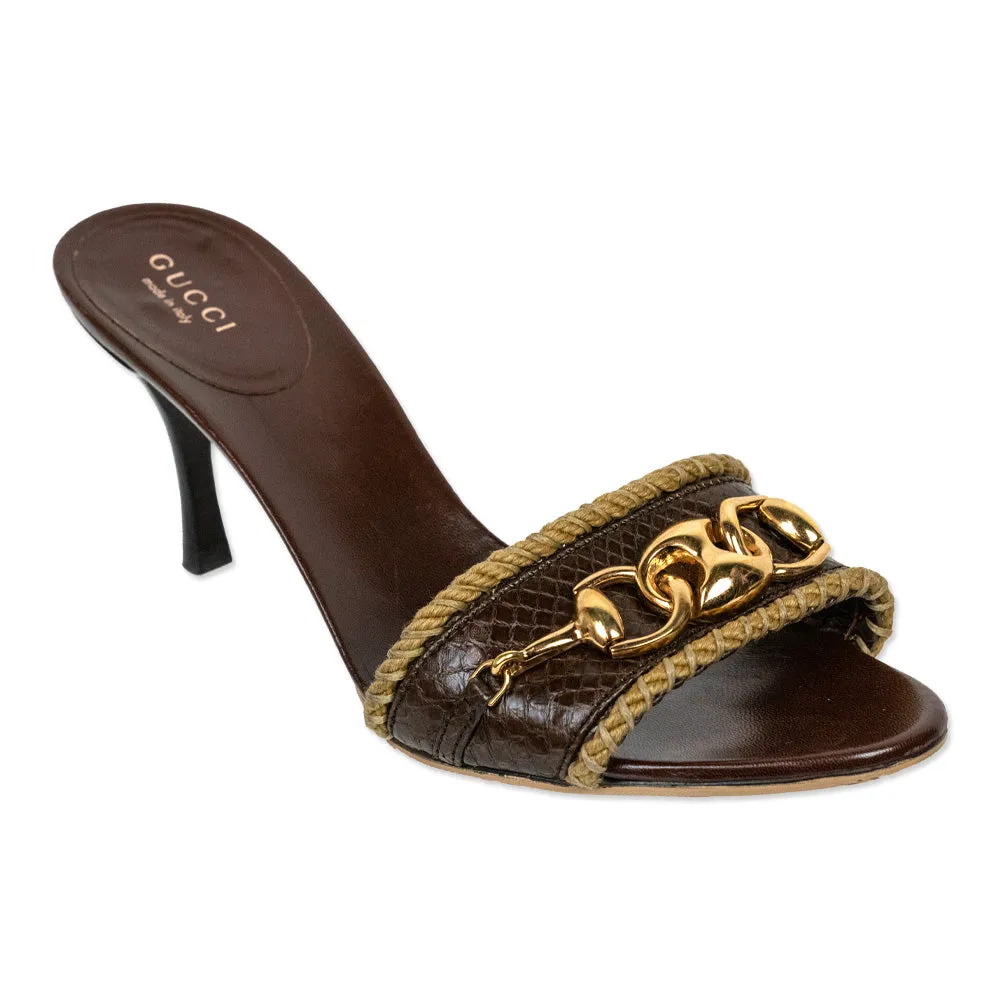 Gucci Brown Snakeskin Jute Horsebit Mules