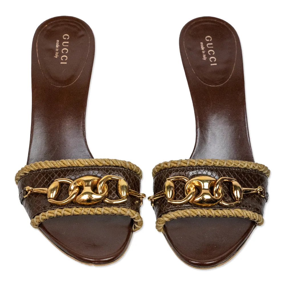 Gucci Brown Snakeskin Jute Horsebit Mules