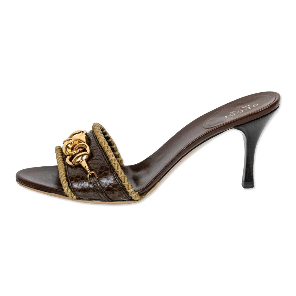 Gucci Brown Snakeskin Jute Horsebit Mules