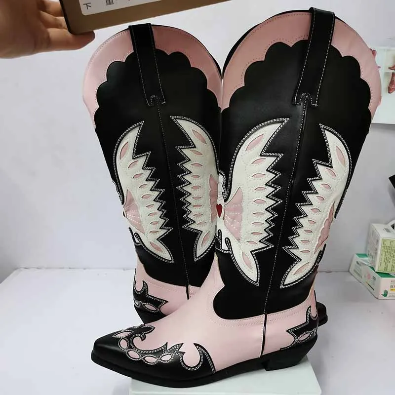 Ladies Embroidery Western Cowboy Boots Mid-Calf Pointy Toe Chunky Heel Cowgirl Boots