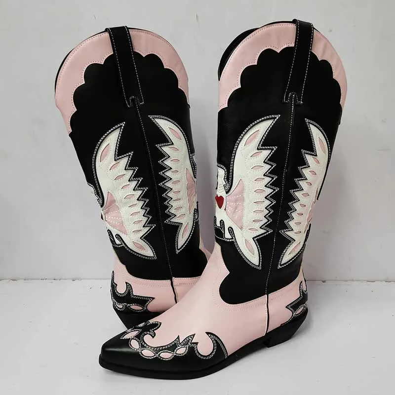 Ladies Embroidery Western Cowboy Boots Mid-Calf Pointy Toe Chunky Heel Cowgirl Boots