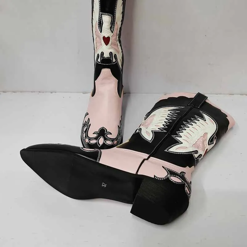Ladies Embroidery Western Cowboy Boots Mid-Calf Pointy Toe Chunky Heel Cowgirl Boots