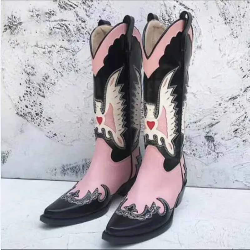 Ladies Embroidery Western Cowboy Boots Mid-Calf Pointy Toe Chunky Heel Cowgirl Boots