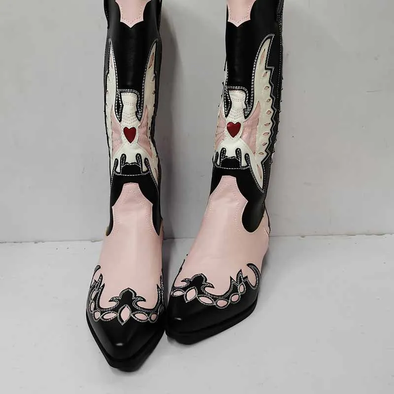 Ladies Embroidery Western Cowboy Boots Mid-Calf Pointy Toe Chunky Heel Cowgirl Boots
