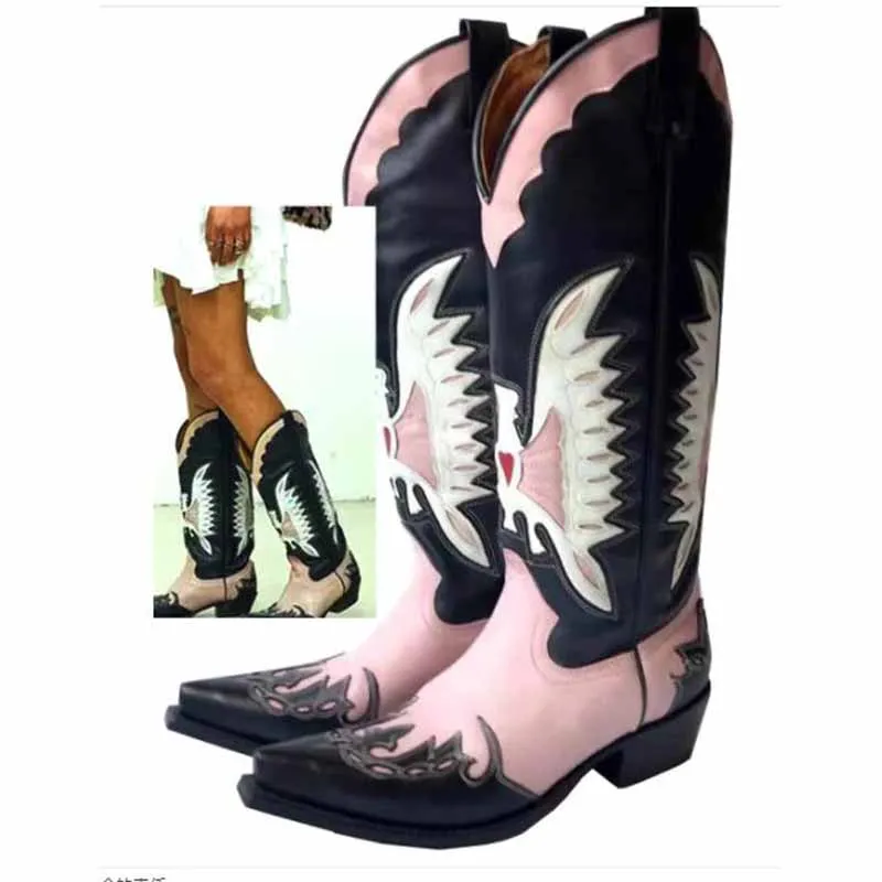 Ladies Embroidery Western Cowboy Boots Mid-Calf Pointy Toe Chunky Heel Cowgirl Boots