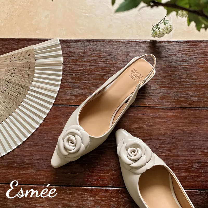 Leather Slingback with Rosebud Design