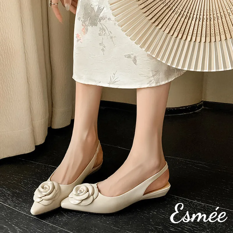Leather Slingback with Rosebud Design