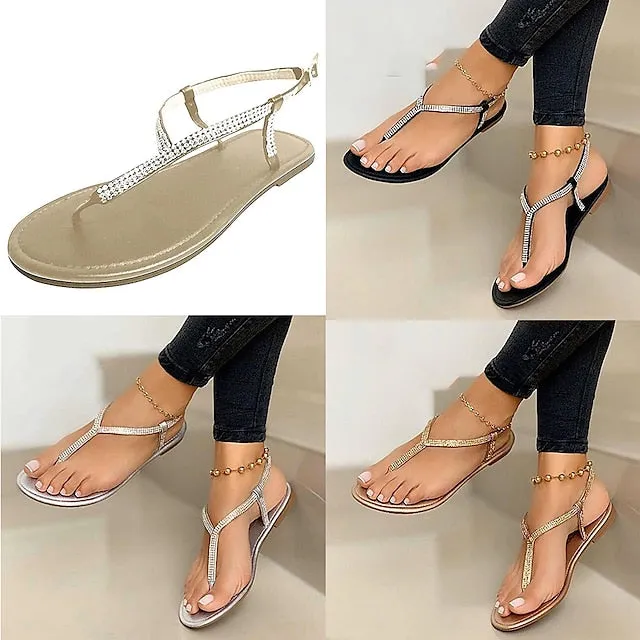 Purpdrank - Women's Sandals Boho Bohemia Beach Flat Sandals Flip-Flops Daily Beach Flat Sandals Summer Flat Heel Open Toe Casual Minimalism Microfiber PU Loafer Silver Black Gold