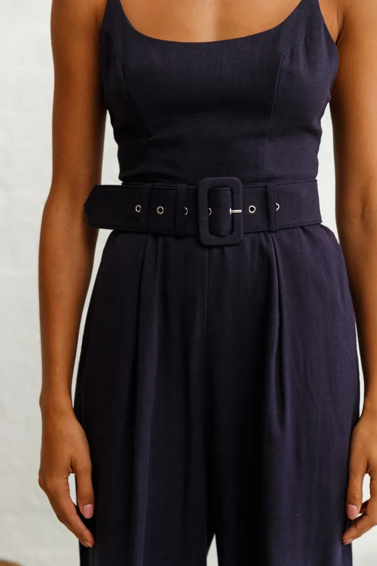 Santa Barbara Cuffed Hem Belted Jumpsuit Navy