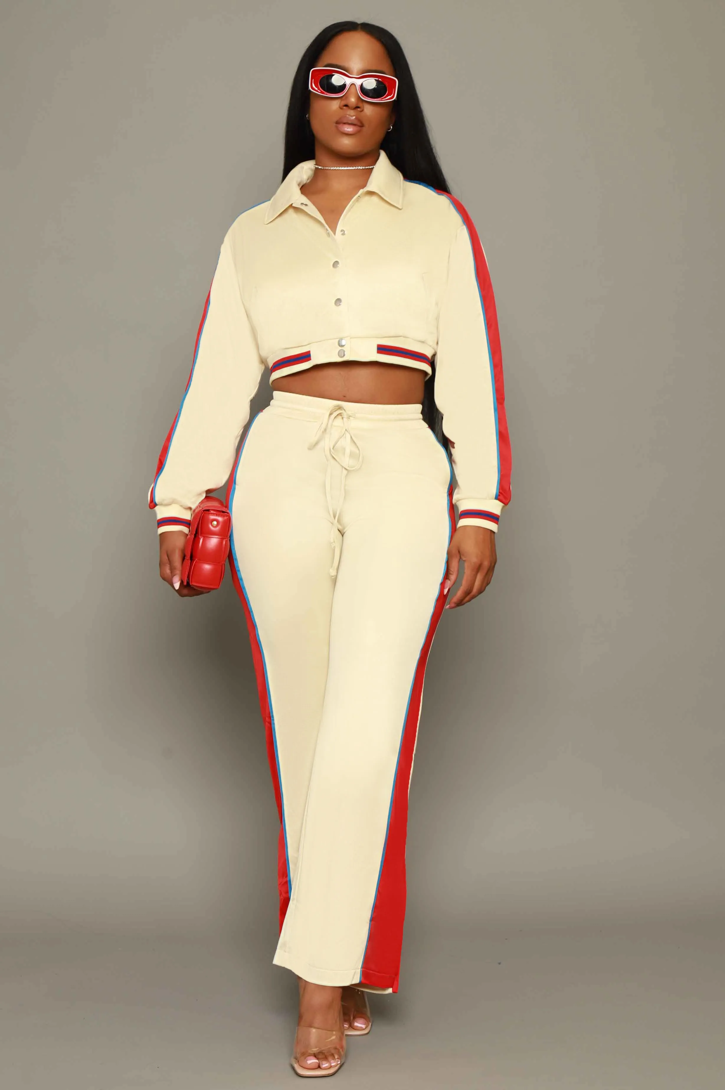 Stay Safe Cropped Jogger Set - Beige/Red