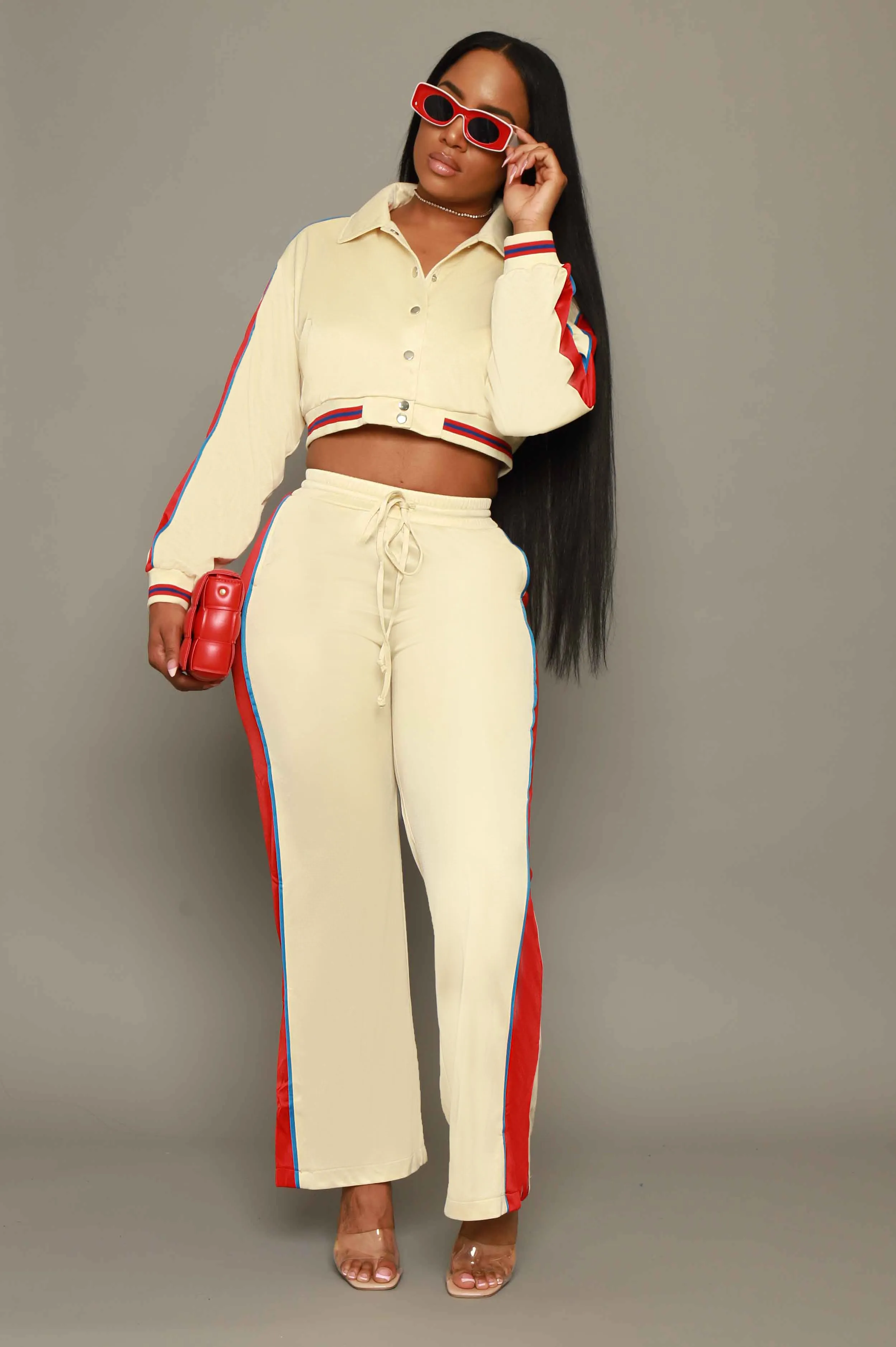 Stay Safe Cropped Jogger Set - Beige/Red