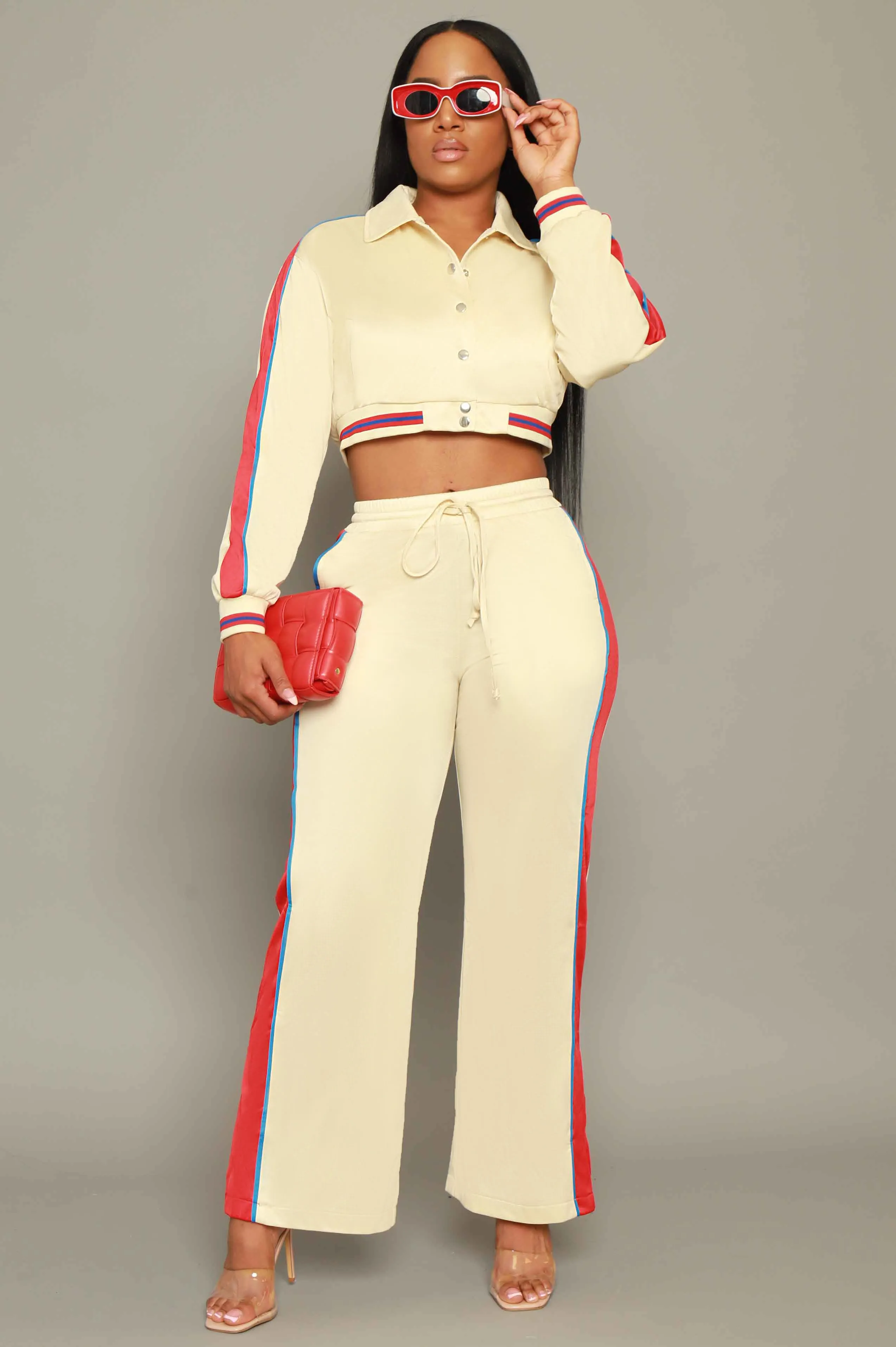 Stay Safe Cropped Jogger Set - Beige/Red
