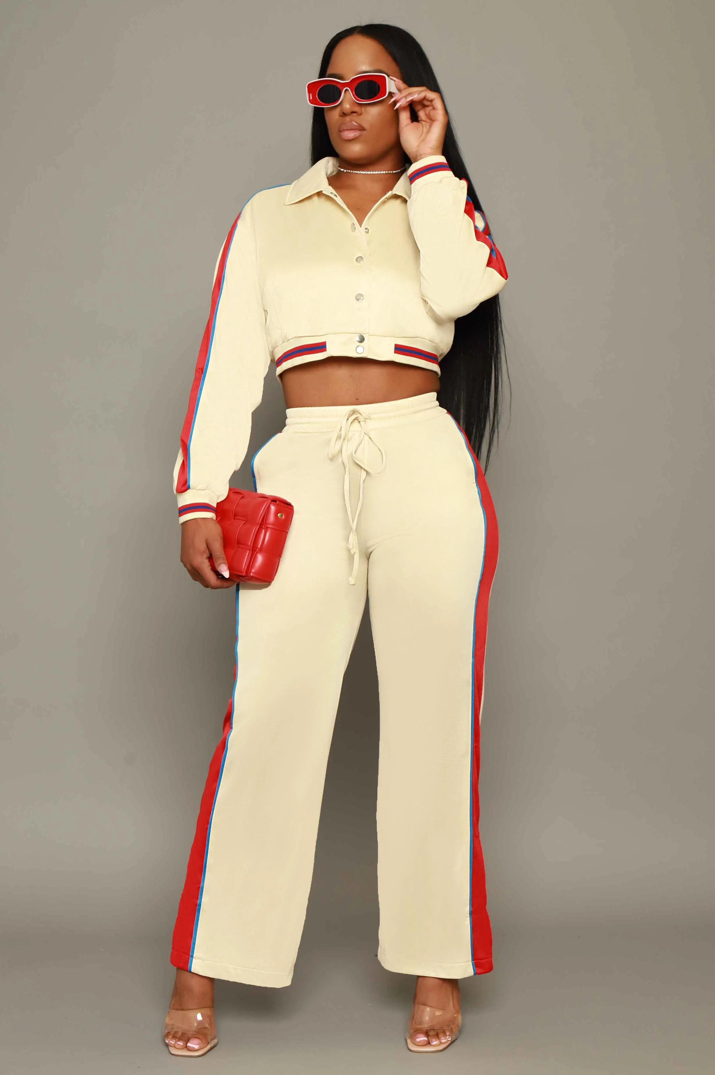Stay Safe Cropped Jogger Set - Beige/Red