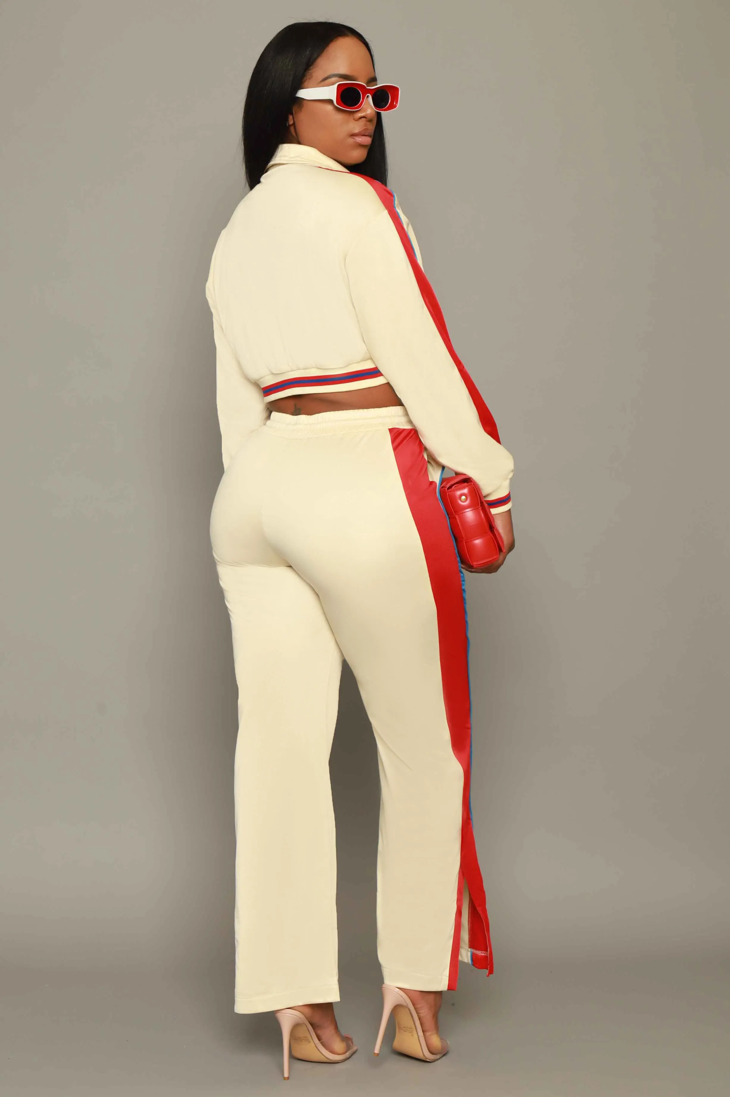 Stay Safe Cropped Jogger Set - Beige/Red