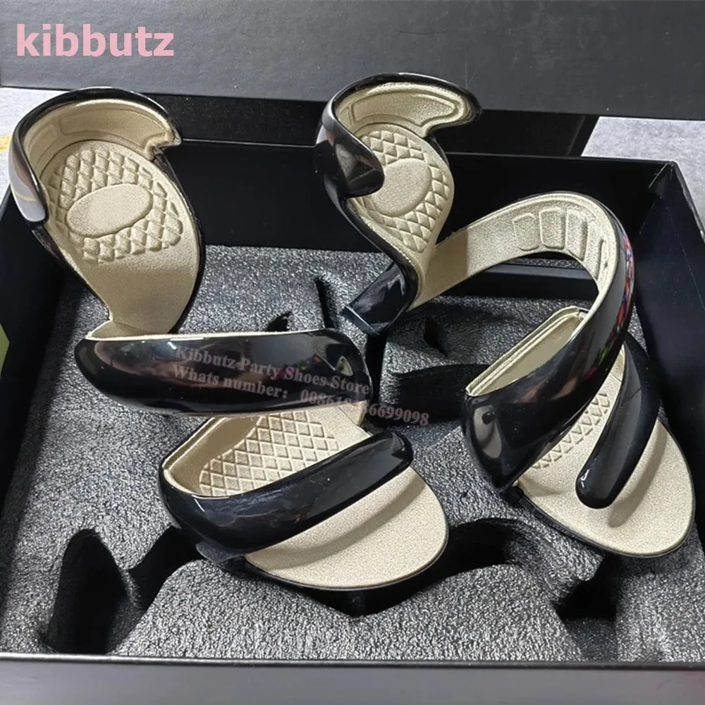 Strange Heels Slippers Clip Toe Twist Patent Leather Solid Color Slip-On Fashion Runaway Show Novelty Concise Sexy Summer Shoes