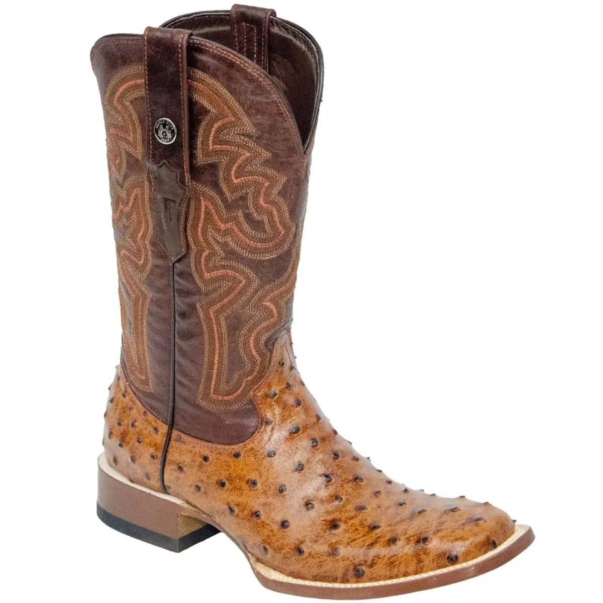 Tanner Mark Men's Broken Arrow Print Ostrich Square Toe Boots Cognac TM200961