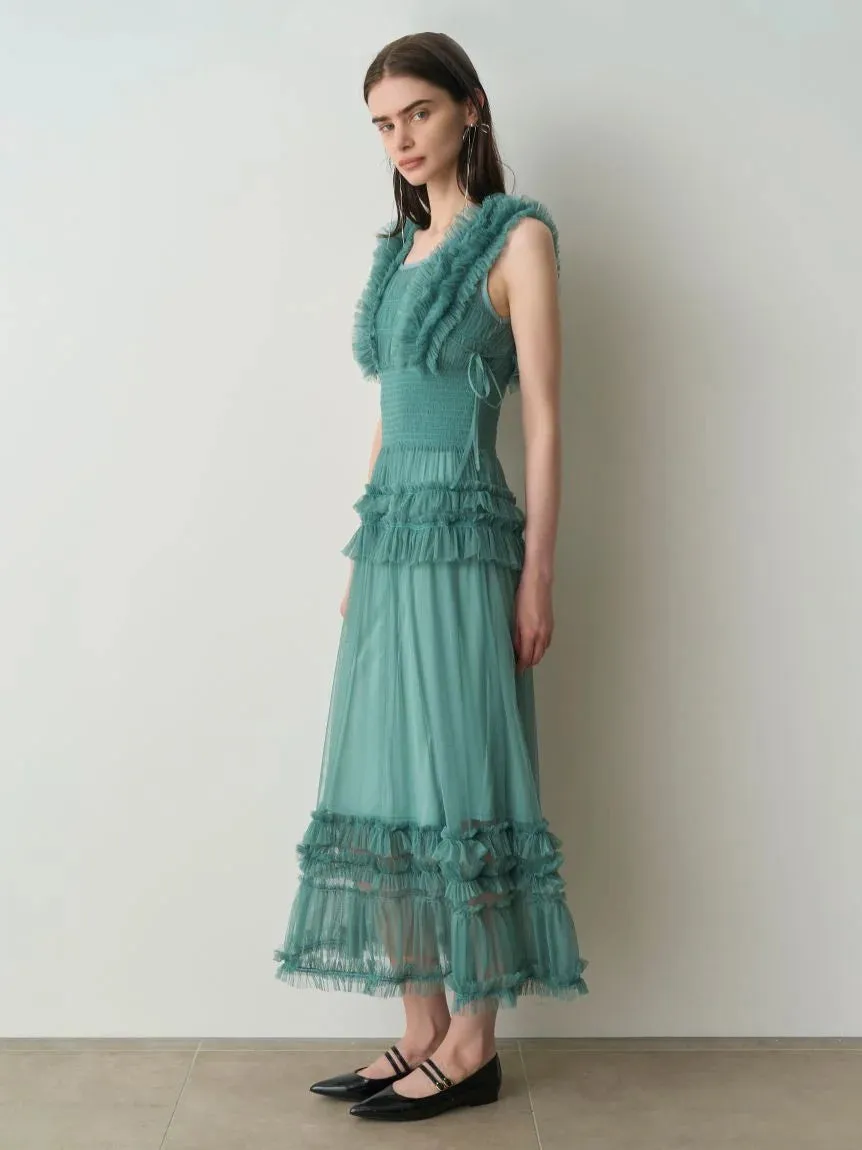 Tiered Smocked Ruffle Sheer Midi Dress