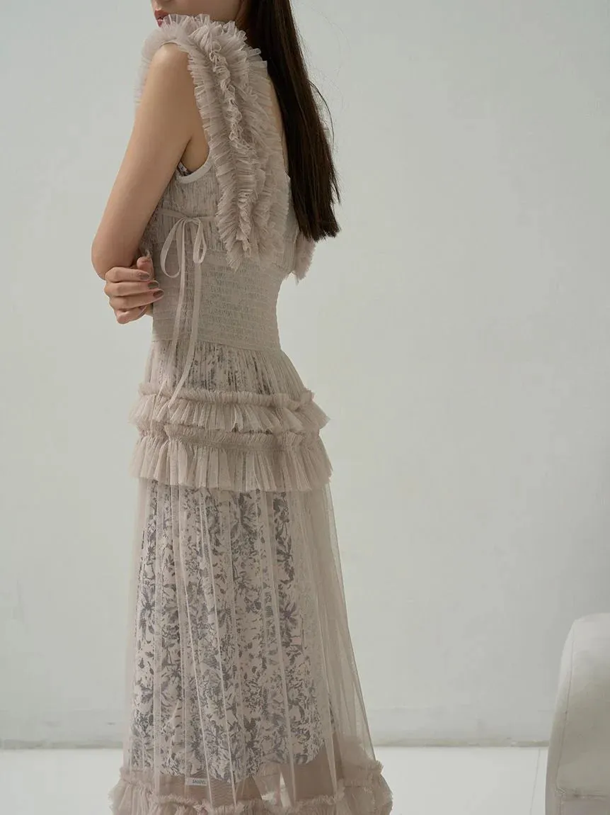 Tiered Smocked Ruffle Sheer Midi Dress