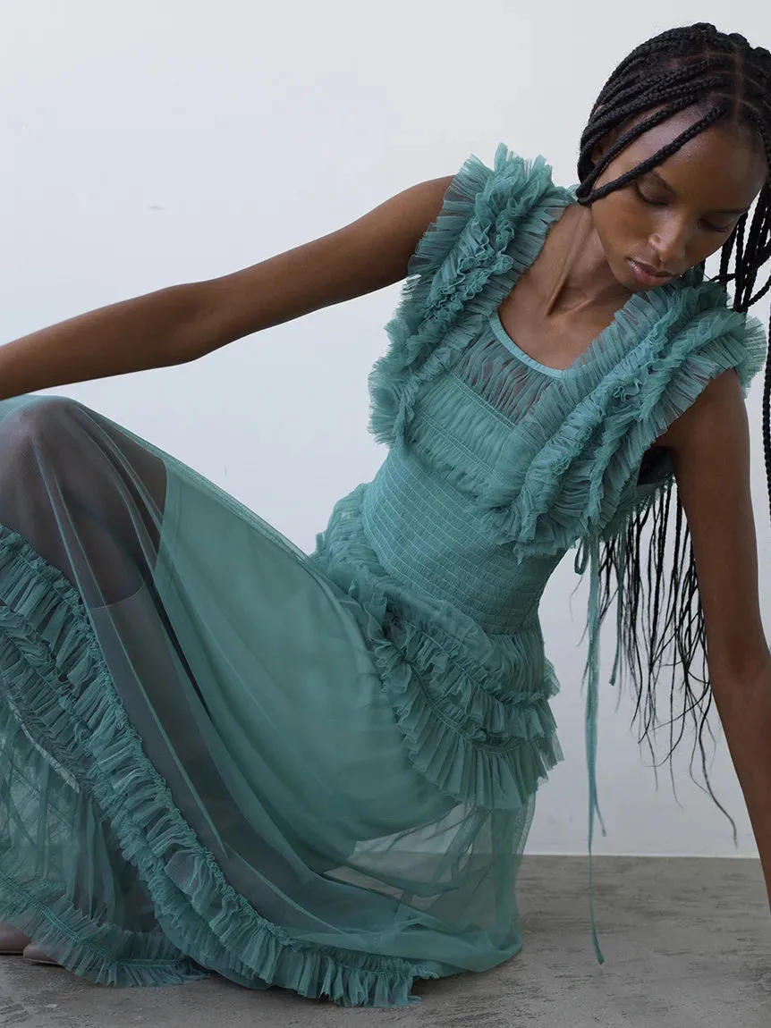 Tiered Smocked Ruffle Sheer Midi Dress