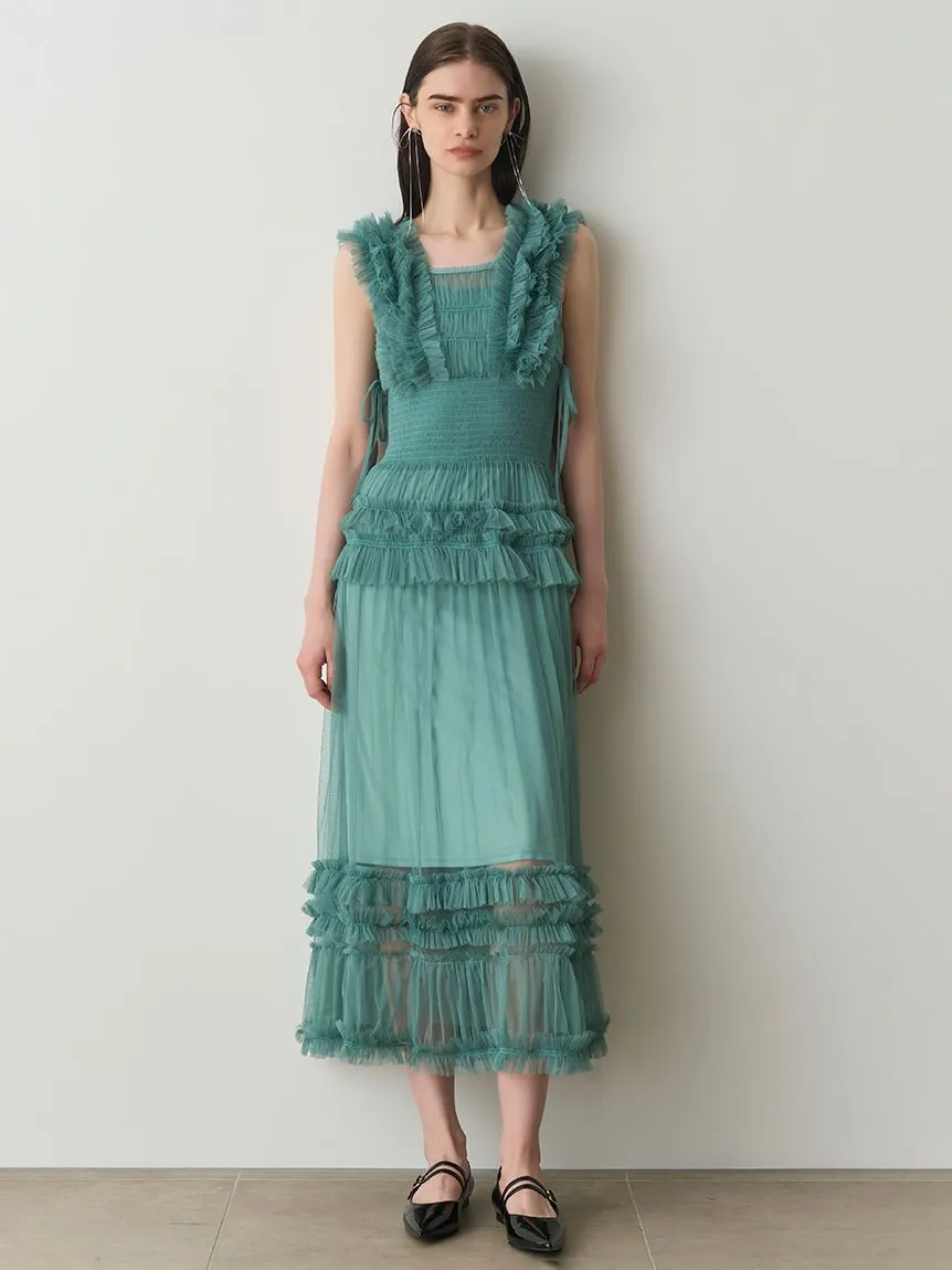 Tiered Smocked Ruffle Sheer Midi Dress