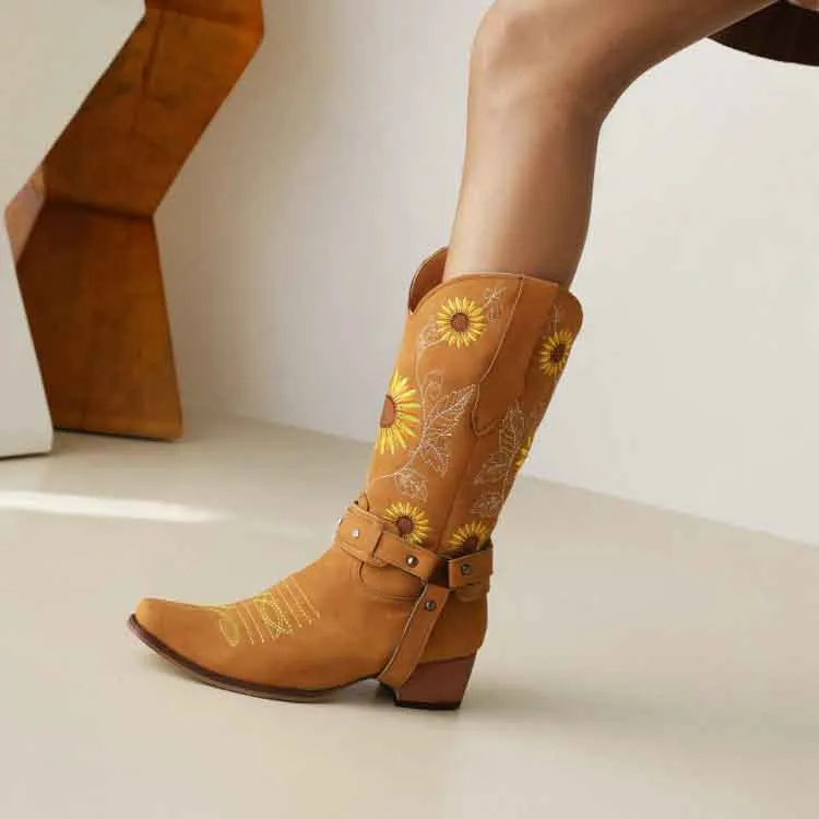Women Floral Embroidered Cowgirl Boots Chunky Heel Mid Calf Western Boots