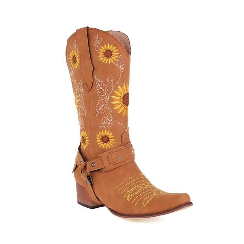 Women Floral Embroidered Cowgirl Boots Chunky Heel Mid Calf Western Boots