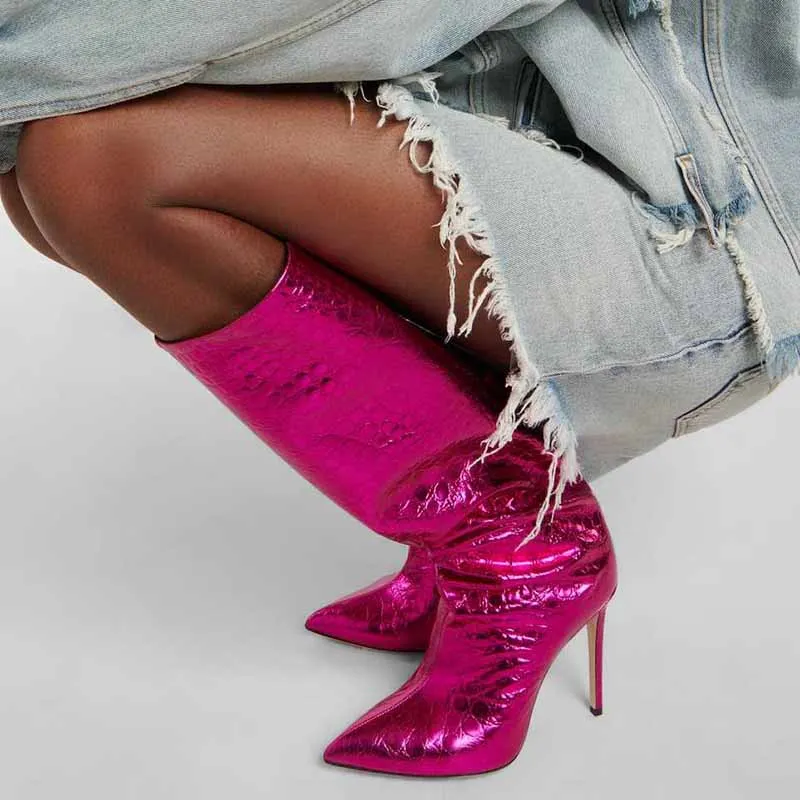 Women pointed toe knee-high boots candy color heeled boot 15 colors