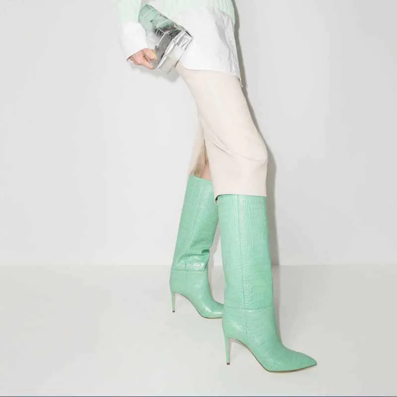 Women pointed toe knee-high boots candy color heeled boot 15 colors