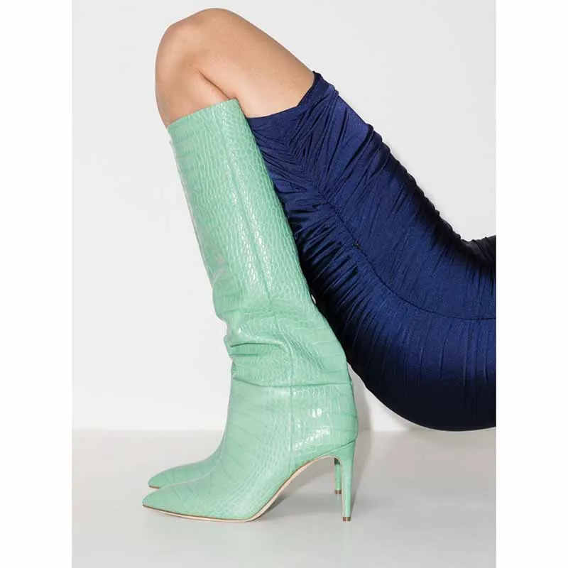 Women pointed toe knee-high boots candy color heeled boot 15 colors